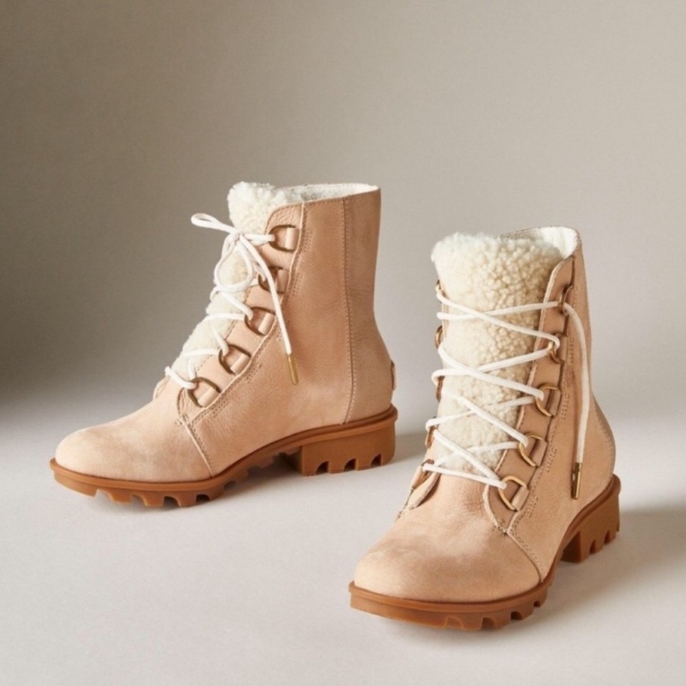 Sorel Phoenix Short Lace Lux Waterproof Leather Shearling Boot Tan 9.5